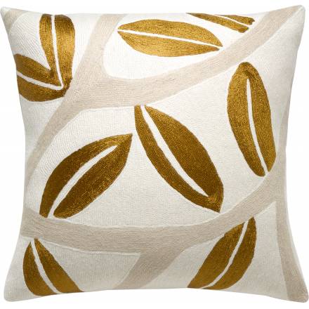 Judy Ross Textiles Hand-Embroidered Chain Stitch Branches Throw Pillow cream/oyster/gold rayon